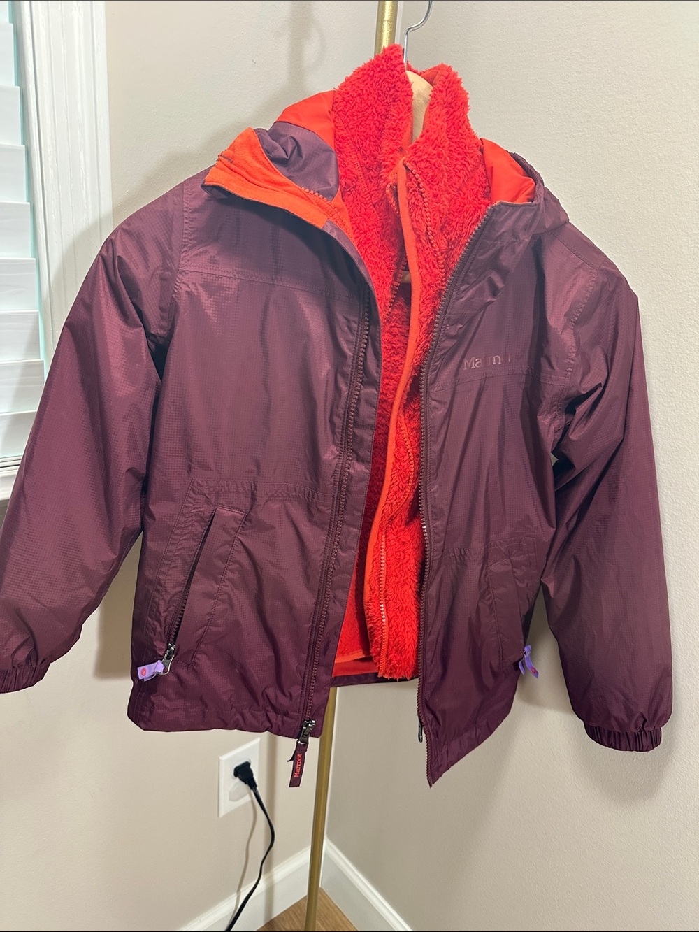 Marmot Kids' Two-Tone Plum Jacket with Bright Orange Fleece Lining